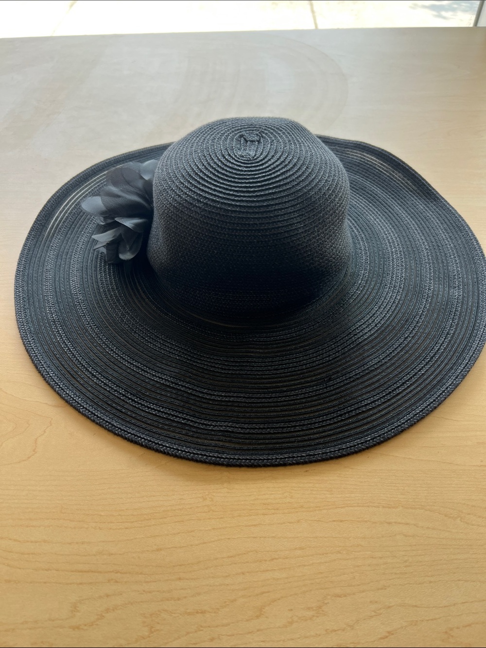 Nine West Black Wide-Brim Straw Sun Hat with Floral Trim